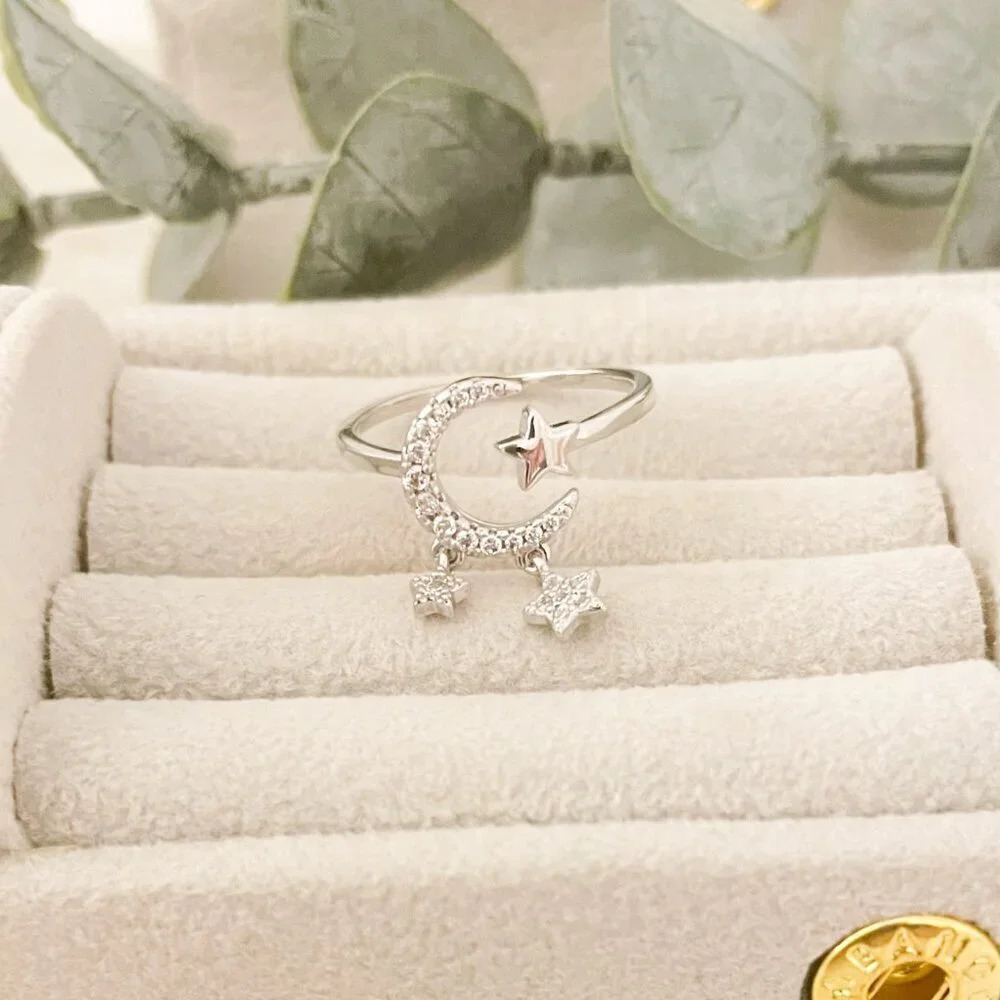 925 Sterling Silver Dangle Moon & Star Ring Dangle Charm Ring Dainty Silver Ring - Picture 7 of 8